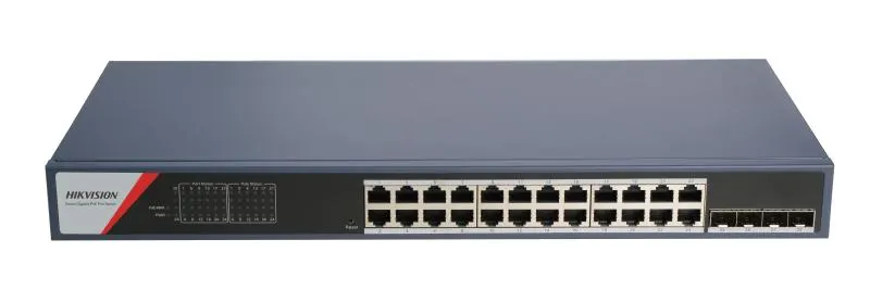 Hikvision L2 Smart Managed 24 Gigabit PoE ports 4 Gigabit SFP ports 802.3af/at PoE power budget 370W HPP Cloud managed VLAN STP/RSTP loop prefention DHCP Snooping ACL IP&MAC filter based on port SNMP V1/V2C Max. 300 meter PoE transmission Rack mount