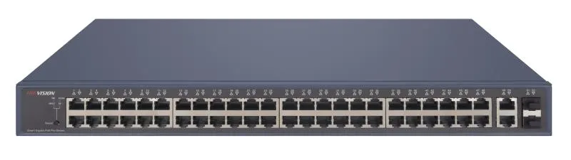 Hikvision L2 Smart Managed 48 Gigabit PoE ports 2 Gigabit RJ45 2 Gigabit SFP uplink ports 802.3af/at PoE power budget 470W max.